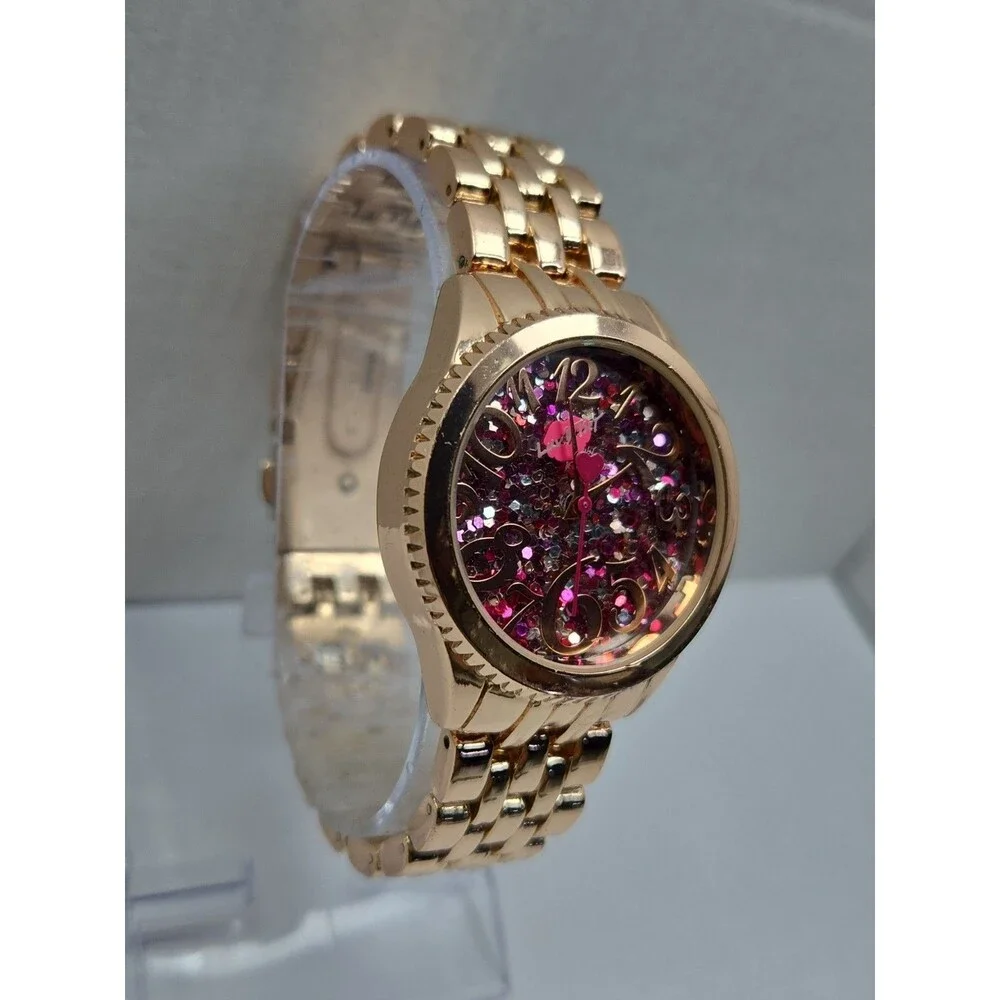 Womens Luv Betsey Johnson Pink Glitter Confetti Rose Gold 36mm Watch New Battery